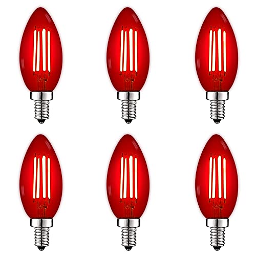 LUXRITE E12 LED Filament Red Light Bulbs, 4.5W (40W Equivalent), Colored Glass Candelabra Bulb, UL Listed, E12 Base, Indoor Outdoor, Porch, Decoration, Party, Holiday, Event, Home Lighting (6 Pack)