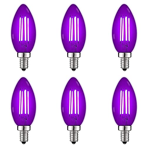 Luxrite E12 LED Filament Purple Light Bulbs, 4.5W (40W Equivalent), Colored Glass Candelabra Bulb, UL Listed, E12 Base, Indoor Outdoor, Porch, Decoration, Party, Holiday, Event, Home Lighting (6 Pack)