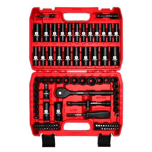 LLNDEI 3/8Drive Impact Socket Set,Standard SAE(5/16 to 3/4-Inch) Metric Size(8-22mm), 95 Piece, CR-V Steel Deep&Shallow Kit, Adapters, Ratchet Handle, Screwdriver Bit Set, Spark Plug Socket, 6 Point