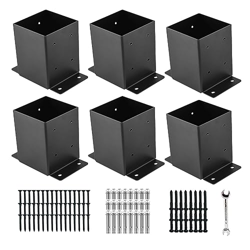 4x4 Post Base, Post Brackets(Inner Size 3.6"x3.6"),Black Powder Coated Heavy Thick Steel Fence Post Anchor for Deck Porch Handrail Railing Fence Plate Pergola Support(6 PCS)......
