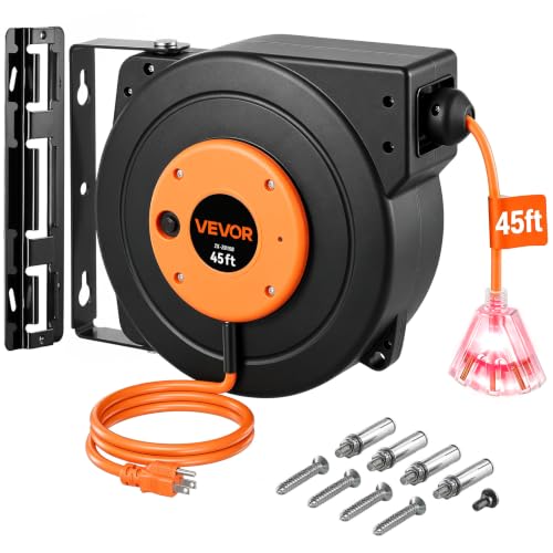 VEVOR Retractable Extension Cord Reel, 45 FT, Heavy Duty 12AWG/3C SJTOW Power Cord, with Lighted Triple Tap Outlet, 15 Amp Circuit Breaker, 180 Swivel Bracket for Ceiling or Wall Mount