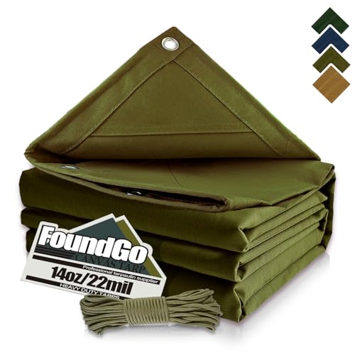 FoundGo Canvas Tarp 10x16ft Heavy Duty Waterresistant Tarps with Grommets, UV Resistant, 22 Mil Tarpaulin,14 oz Durable Cloth Covers for Car, Roof, Boat, Camp, Canopy, Woodpile with Ropes-Moss