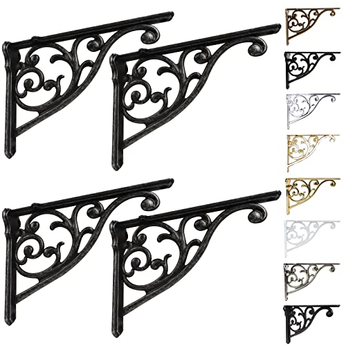Khtumeware Ornate Decorative Shelf Brackets, 10 inch Big Wall Mounted Shelving Bracket, 4 Pack Iron Gray Vintage Metal Heavy Duty Brackets Victoria Wall Bracket. (4, Iron Gray)