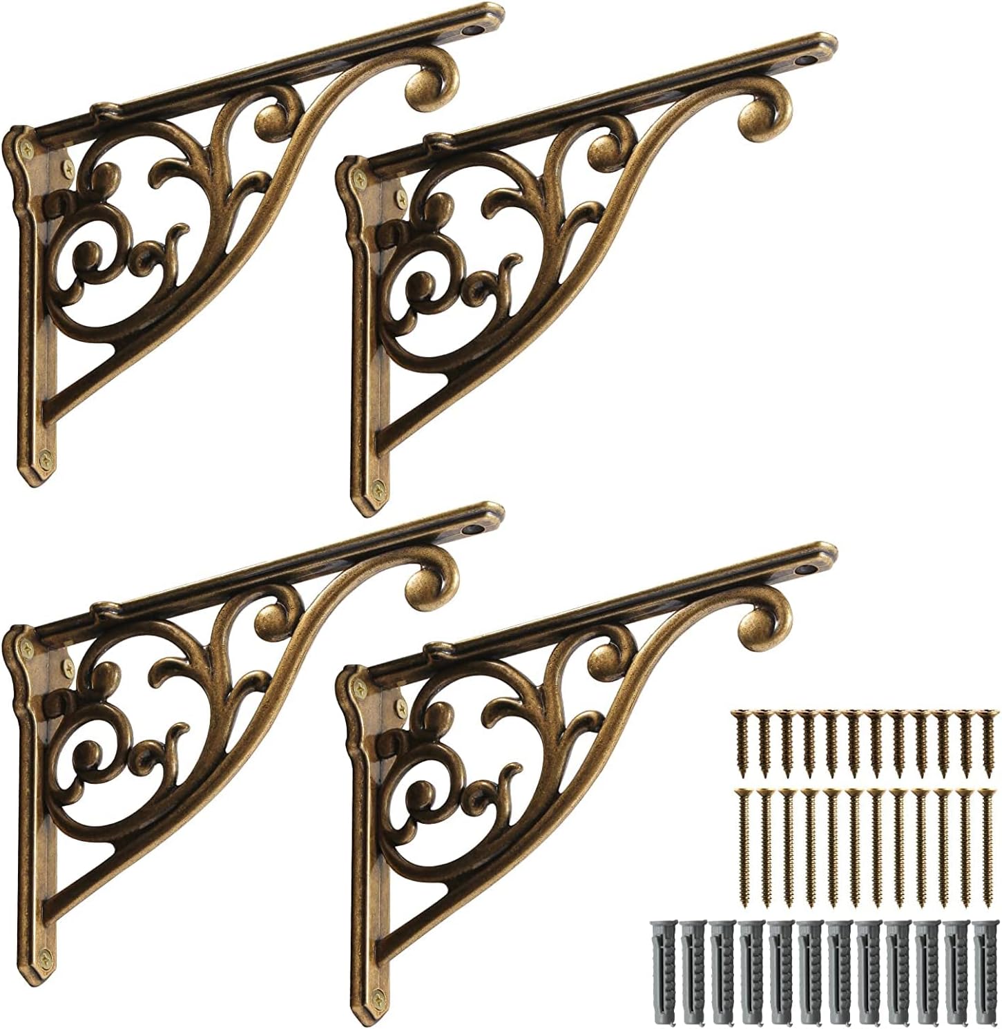Khtumeware Ornate Decorative Shelf Brackets, 10 inch Big Wall Mounted Shelving Bracket, 4 Pack Antique Brass Vintage Metal Heavy Duty Brackets Victoria Wall Bracket. (4, Antique Brass)