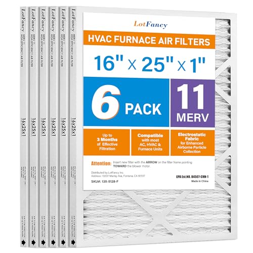 LotFancy 16x25x1 Air Filter MERV 11 Pet Smoke Allergens Defense (6-Pack) Pleated HVAC Furnace Air Filters, Replacement for Home AC & Heating Systems, Actual Size: 15.75" x 24.75" x 0.75"