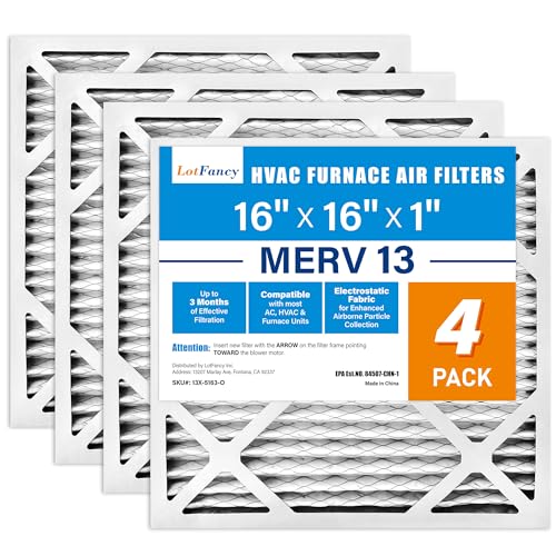 LotFancy 16x16x1 Air Filter MERV 13 Pet Smoke Smog Allergens Defense (4-Pack) Pleated HVAC Furnace Air Filters, Replacement for Home AC & Heating Systems, Actual Size: 15.75" x 15.75" x 0.75"