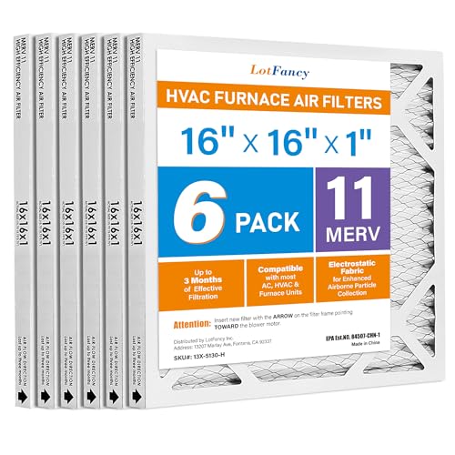 LotFancy 16x16x1 Air Filter MERV 11 Pet Smoke Allergens Defense (6-Pack) Pleated HVAC Furnace Air Filters, Replacement for Home AC & Heating Systems, Actual Size: 15.75" x 15.75" x 0.75"