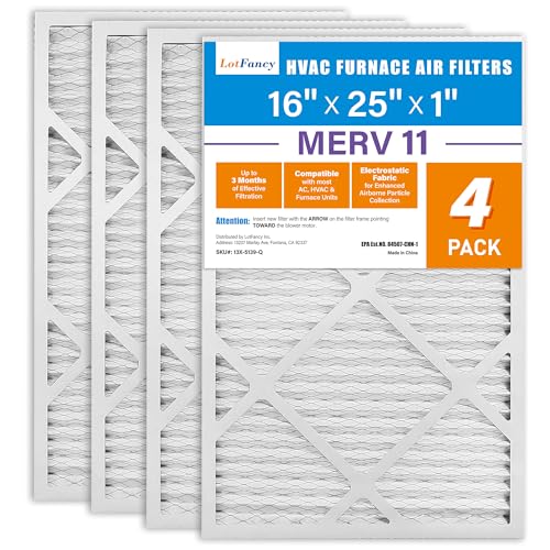 LotFancy 16x25x1 Air Filter MERV 11 Pet Smoke Allergens Defense (4-Pack) Pleated HVAC Furnace Air Filters, Replacement for Home AC & Heating Systems, Actual Size: 15.75" x 24.75" x 0.75"