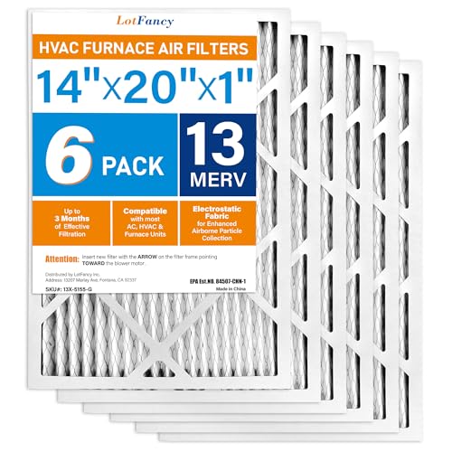 LotFancy 14x20x1 Air Filter MERV 13 Pet Smoke Smog Allergens Defense (6-Pack) Pleated HVAC Furnace Air Filters, Replacement for Home AC & Heating Systems, Actual Size: 13.75" x 19.75" x 0.75"
