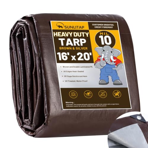 SUNLITAP 10 Mil Heavy Duty Waterproof Tarps, 16x20 Ft (Brown)
