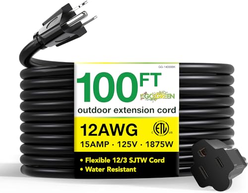 Go Green Power Inc. (GG-14000BK) 12/3 SJTW Outdoor Extension Cord, Black, 100 ft