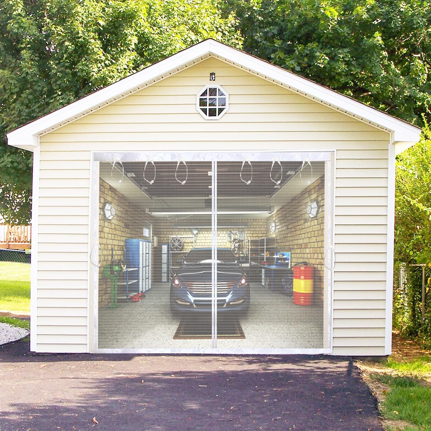 Magnetic Garage Door Screen Kit 9x8 FT White - Retractable Mesh Net Screen Door with Fiberglass Mesh for 1 Car Garage 9x8ft, Blocks Bugs & Provides Privacy - Perfect for Workshop, Gym, Patio