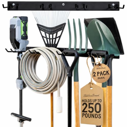 StoreYourBoard Wall-Mounted Rack With 4 Garage Hooks  Heavy-Duty Steel Holder Garage & Garden Storage for Shed, Workshop, or Home Organization  For Rakes, Shovels, Tools & More  2 Pack, Black
