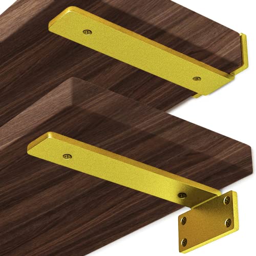 Shelf Brackets Heavy Duty Blind Shelf Brackets, 5mm Thick Rustic Shelf Brackets for Custom Wood Shelves, 12 Inch Solid Steel Gold Shelf Brackets with Hardware Needed (6Pcs)