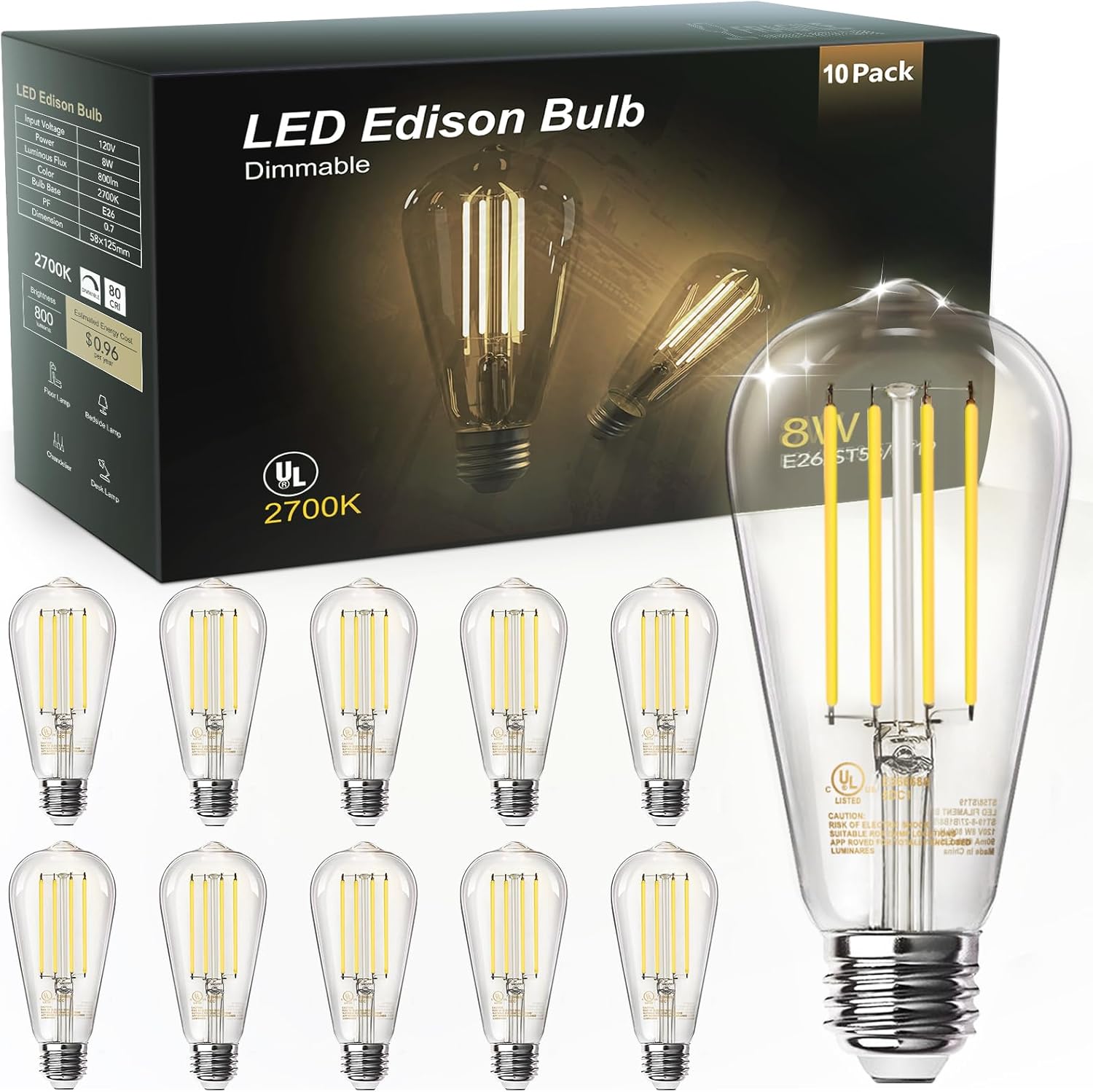 TJOY 10 Pack Vintage 8W ST58 LED Edison Light Bulbs, Dimmable, 60W Equivalent, 800Lumens, 2700K Warm White, E26 Base LED Filament Bulb, CRI80+, Antique Glass Style for Home, Bedroom, Office, Farmhouse