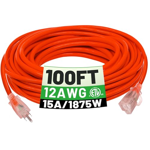 POWGRN 100 ft 12/3 Outdoor Extension Cord Waterproof Heavy Duty with Lighted Indicator End 12 Gauge 3 Prong, Flexible Cold-Resistant Long Power Cord Outside, 15Amp 1875W SJTW Orange ETL Listed