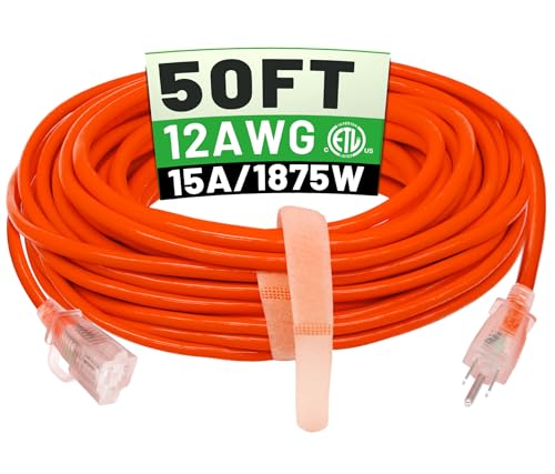 50 ft 12/3 Outdoor Extension Cord Waterproof Heavy Duty with Lighted Indicator End 12 Gauge 3 Prong, Flexible Cold-Resistant Long Power Cord Outside, 15Amp 1875W SJTW Orange ETL Listed