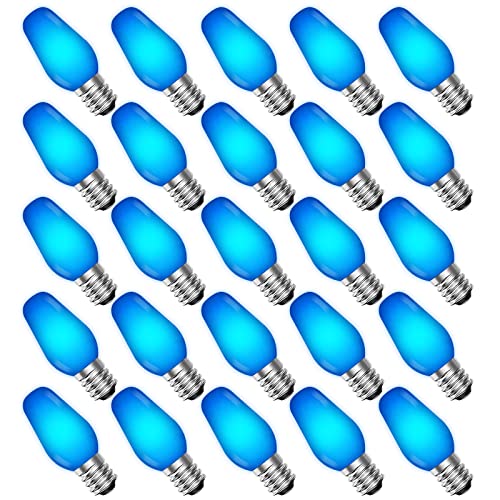 LUXRITE 25-Pack C7 LED Blue Replacement Light Bulbs for String Lights, 0.5W, Shatterproof Colored Candelabra Bulb, Enclosed Fixture Rated, UL, E12 Base, Indoor Outdoor, Christmas, Holiday, Party