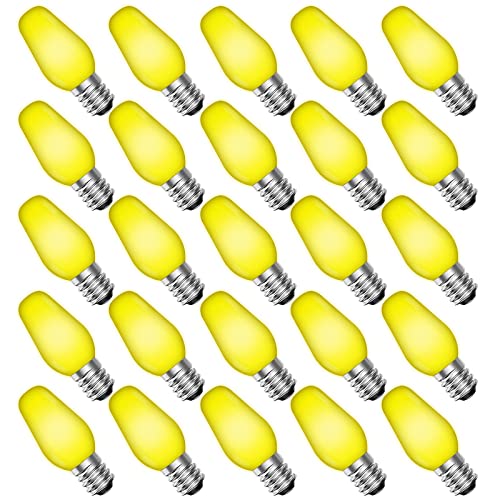 LUXRITE 25-Pack C7 LED Yellow Replacement Light Bulbs for String Lights, 0.5W, Shatterproof Colored Candelabra Bulb, Enclosed Fixture Rated, UL, E12 Base, Indoor Outdoor, Christmas, Holiday, Party