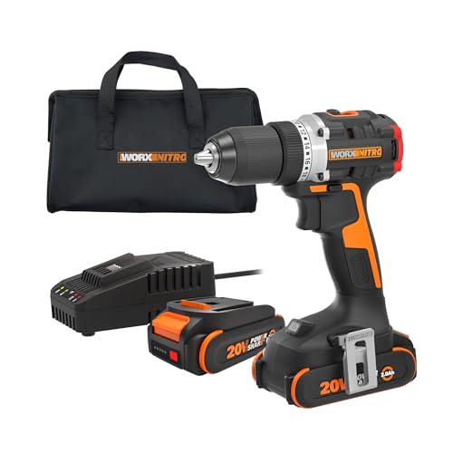 Worx Nitro 20V Cordless 1/2" Drill Driver With Brushless Motor - Compact & Lightweight Set Only 6" and 3 lbs. - Power Share Compatible WX130L - Batteries & Charger Included, Black