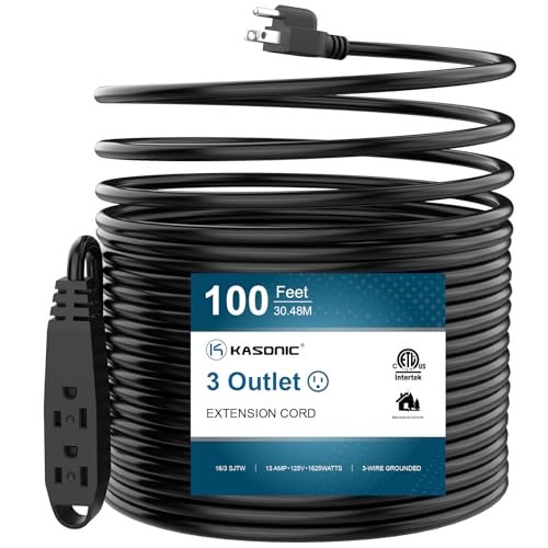 K KASONIC - 100-Feet 3 Outlet Extension Cord, UL Listed, 16/3 SJTW 3-Wire Grounded, 10 Amp 125 V 1625 Watts, Multi-Outlet Indoor/Outdoor Use, Black