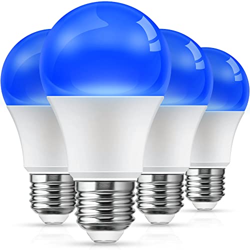 L LOHAS LED Blue Light Bulbs Outdoor, Dusk to Dawn Sensor A19 Blue Porch Lights 40W Equivalent, 6W Colored Light Bulb, Auto-On/Off E26 Base for Christmas Party Wedding Patio Backyard, 4 Pack