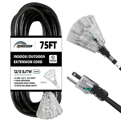 3-Outlets Indoor Outdoor Extension Cord Weatherproof with Lighted End, UL Listed, 12 Gauge 75FT Black 3 Prong Heavy Duty, 12/3 SJTW 15A Power Cord