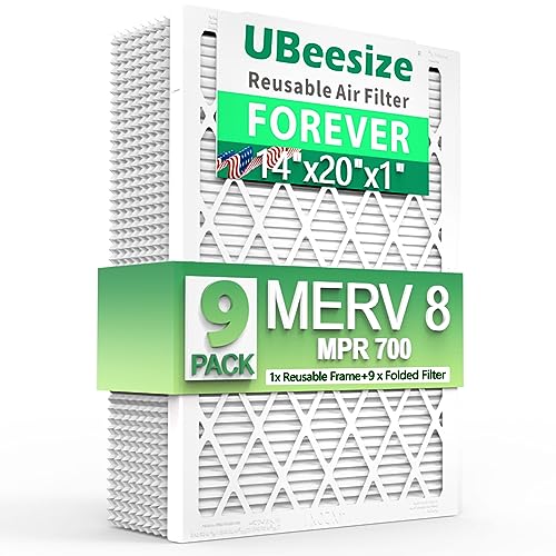UBeesize Air Filter 14x20x1(9-Pack), MERV 8 MPR 700 AC/HVAC Furnace Air Filters,Deep Pleated Air Cleaner,1x Reusable Plastic Frame+9 x Filter Replacements,Breathe Fresher Home And Office