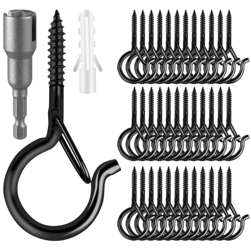 Q Hangers 100 Pack Screw-in Hooks for Outdoor String Lights, Swivel Hanging Basket Patio Hooks with Safe Buckle Screw in Eye Planter Hooks for Wall Ceiling
