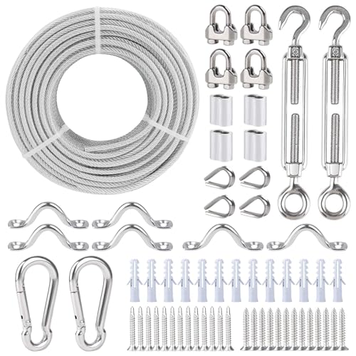 3/16" Wire Rope Kit, 100 Ft PVC Coated Steel Cable w/ 77 Strand Core, Stainless Steel Turnbuckle Wire Tensioner Kit for Decking Stair Railing, Shade Sail, String Light Hanging, Clothes Line