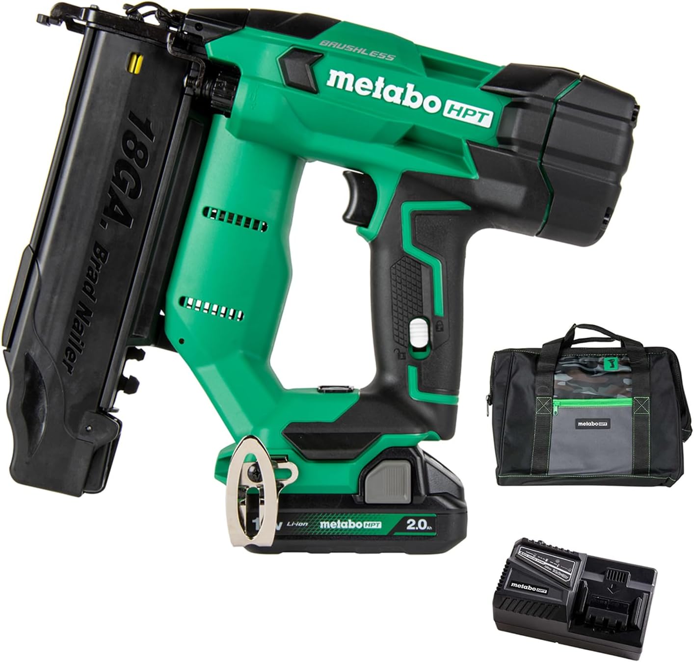 Metabo HPT 18V MultiVolt Brushless Compact Cordless Brad Nailer Kit, 18 Gauge Nailer with Power Tool 2.0Ah Lithium Ion Battery, Drives 5/8" to 2" Brad Nails, NT1850DFT