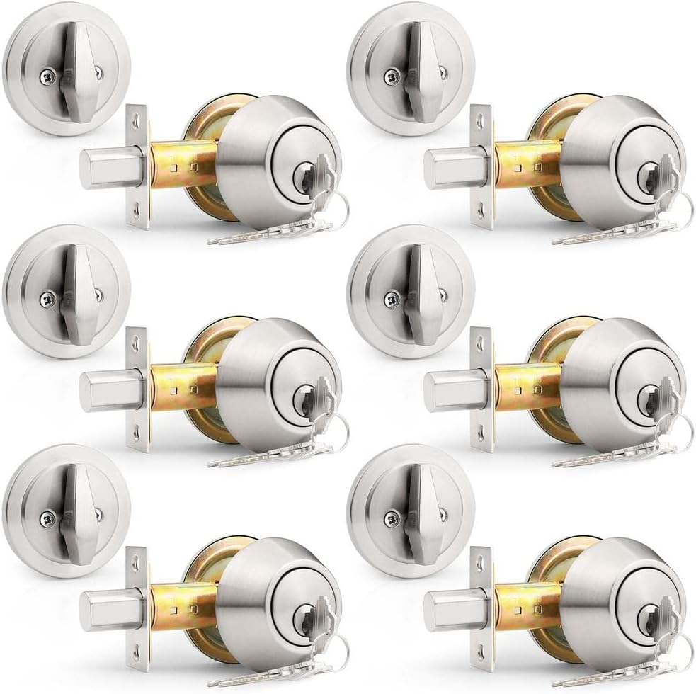 Probrico 6 Pack Brushed Nickel Single Cylinder Deadbolts, Keyed Alike Combo Handlesets, Interior & Exterior Door Locks for Entrance Lock and Front Gate