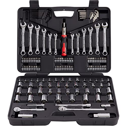 161 Piece Mechanic Tool Set, 1/2", 3/8" &1/4" Drive Metric & Standard Socket Wrench Kit for Home, Car, Mechanics, Automotive Repair and as A Gift