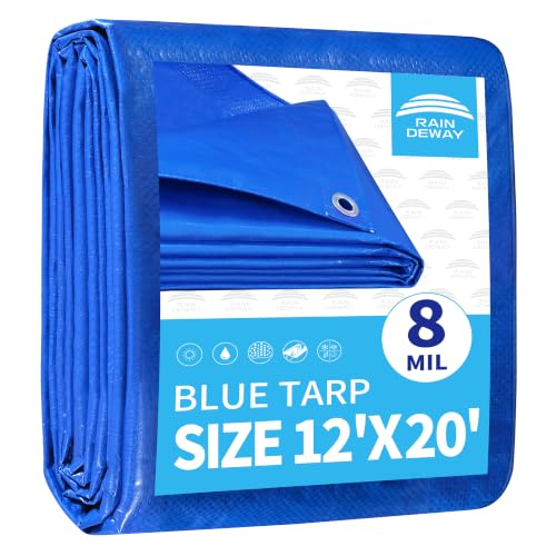 RAINDEWAY Large Tarp 12x20 Feet, 8 Mil Thick, UV Resistant, Multipurpose Waterproof Poly Tarps Cover with Metal Grommets and Reinforced Edges, Durable Blue Tarp