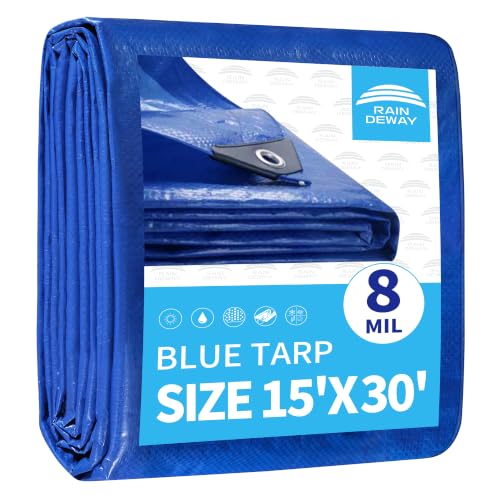 RAINDEWAY Large Tarp 15x30 Feet, 8 Mil Thick, UV Resistant, Multipurpose Waterproof Poly Tarps Cover with Metal Grommets and Reinforced Edges, Durable Blue Tarp