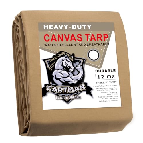 CARTMAN Finished Size 12x16 Feet Tan Canvas Tarp with Rustproof Grommets, 12 Oz Heavy Duty Multipurpose Tarpaulin Cover for Canopy Tent, Roof, Camping, Woodpile
