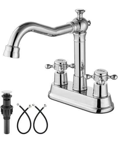 Aolemi 4 Inch Centerset Bathroom Sink Faucet Vintage 2 Cross Handles RV Mixer Tap Basin Vanity Lavatory Utility for Sink 3 Hole Include Water Hose Pop Up Drain with Ceramic Cover Polish Chrome