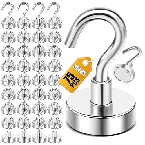 DIYMAG Magnetic Hooks, 30Lbs Strong Heavy Duty Cruise Magnet (75 Pack-Silver),Magnetics S-Hooks for Classroom, Fridge, Hanging, Cabins, Grill, Kitchen, Garage, Workplace and Office Etc