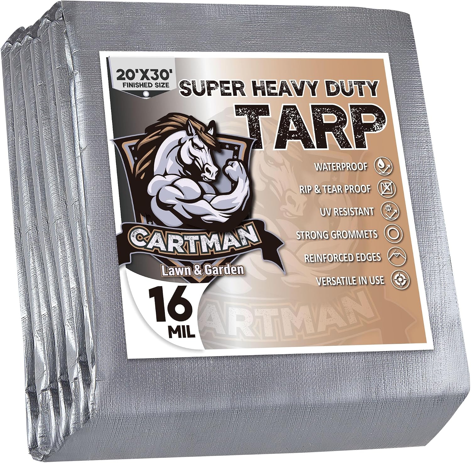 CARTMAN Finished Size 20x30 Feet Extra Thick 16 Mil Ultra Heavy Duty Poly Tarp, Multipurpose Protective Cover, UV Resistant, Waterproof Poly Tarpaulin with Reinforced Edges