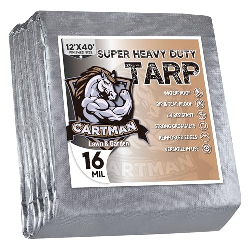 CARTMAN Finished Size 12x40 Feet Extra Thick 16 Mil Ultra Heavy Duty Poly Tarp, Multipurpose Protective Cover, UV Resistant, Waterproof Poly Tarpaulin with Reinforced Edges