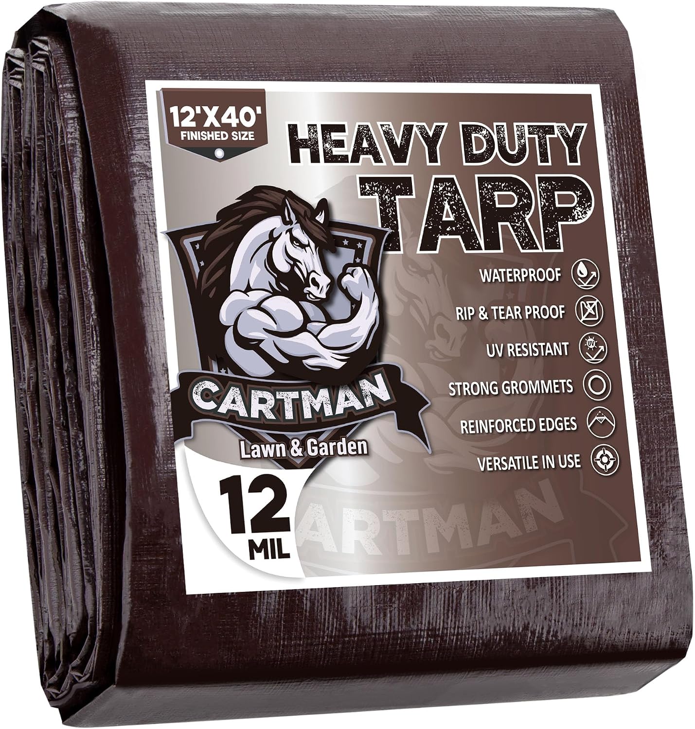 CARTMAN Finished Size 12x40 Feet Extra Thick 12 Mil Heavy Duty Poly Tarp, Multipurpose Protective Cover, UV Resistant, Waterproof Poly Tarpaulin with Reinforced Edges
