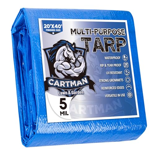 CARTMAN Finished Size 20x40 Feet Blue Poly Tarp 5 Mil Thick, Multipurpose Protective Cover for Camping, Tent, Boat, RV, Car