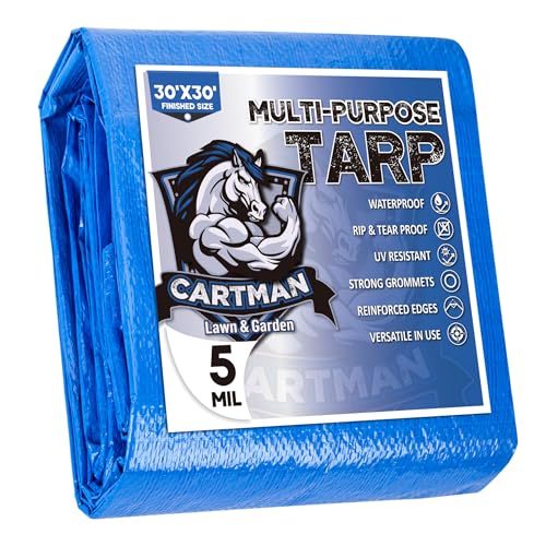 CARTMAN Finished Size 30x30 Feet Blue Poly Tarp 5 Mil Thick, Multipurpose Protective Cover for Camping, Tent, Boat, RV, Car