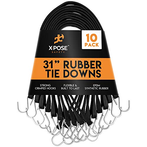 Rubber Bungee Cords with Hooks - Black EPDM Synthetic Heavy-Duty Rubber Tie Down Straps for Outdoor, 31 inch 10 Pack (47" Max Stretch) Tarp Covers, Canvas Canopies, Motorcycle, Cargo - Xpose Safety