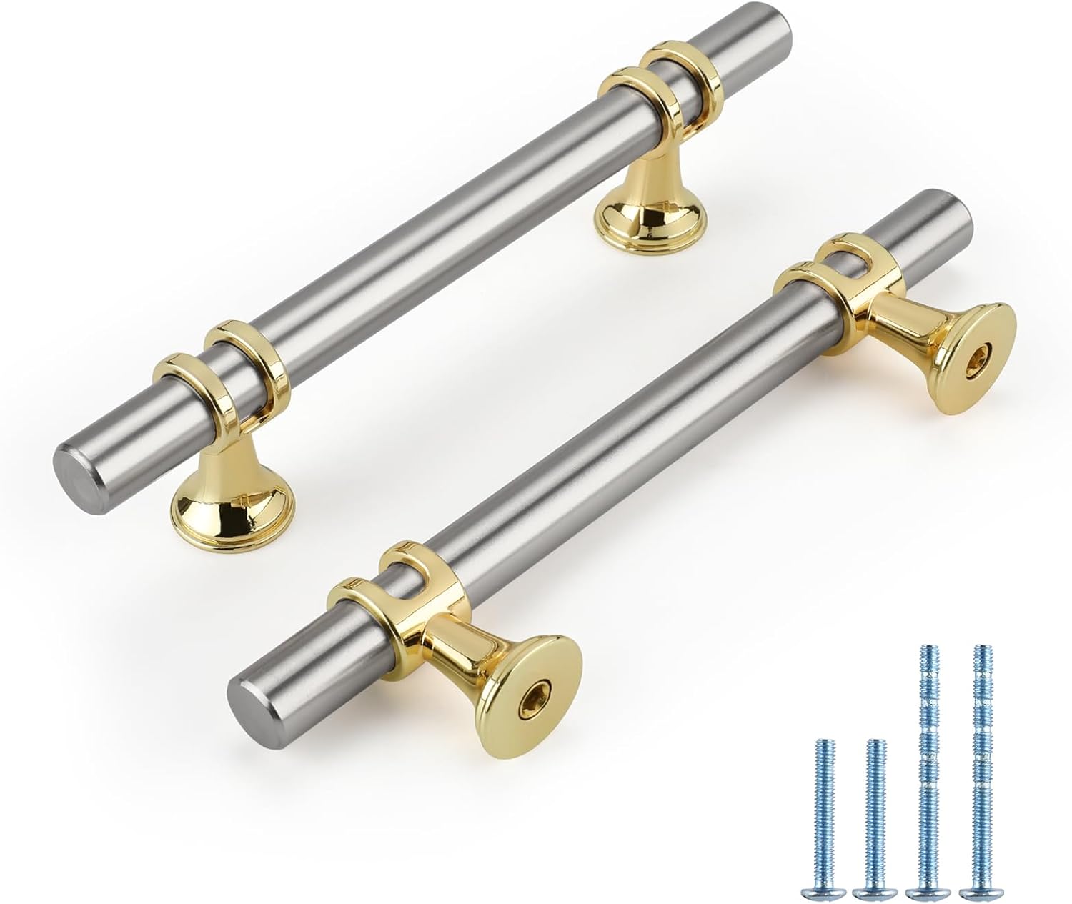 Rergy Cabinet Handles Drawer Pulls and Knobs, 10Pack Brushed Nickel and Gold 3-3/4inch Hole Center, Kitchen Hardware for Dresser Handle Zinc Alloy Furniture Pull