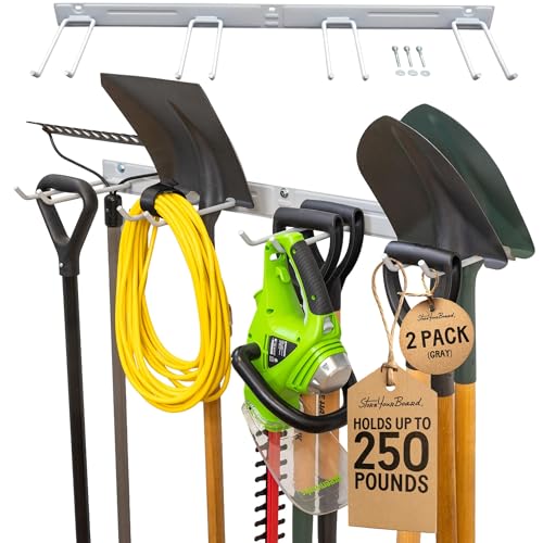 StoreYourBoard Wall-Mounted Rack With 4 Garage Hooks  Heavy-Duty Steel Holder Garage & Garden Storage for Shed, Workshop, or Home Organization  For Rakes, Shovels, Tools & More  2 Pack, Gray