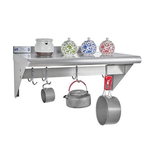HALLY Stainless Steel Shelf with 4 Hooks 12" x 24" Wall Mounted Pot Rack, NSF Commercial Floating Shelving for Storage Hanging Pots, Pans, cookware in Restaurant, Kitchen, Home and Hotel