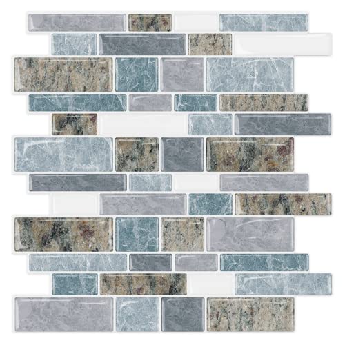 STICKGOO 10-Sheet Peel and Stick Backsplash for Kitchen, Decorative Self Adhesive Backsplash Tiles(Light Blue & Brown Granite, Thicker Design)