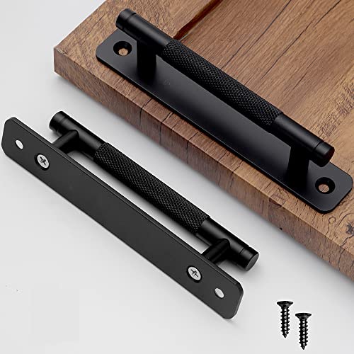 12 Pack 5 Inch 128 mm Matte Black Barrel Knurled Cabinet Handles with Base Plate Aluminum Cabinet Pulls for Drawer Sliding Door Charcuterie Board Black Drawer Handles Drill&Punch Free