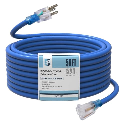 EP 50Ft Outdoor Extension Cord, 12/3 SJTW Heavy Duty Waterproof Power Cable, 3 Prong Grounded Plug, Lighted End, for Lawn, Garden, Appliances, Blue